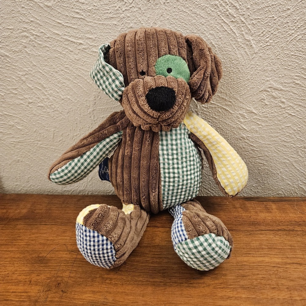 Mud Pie Baby Puppy Dog Stuffed Animal Plush Toy Patchwork Brown Green‎ Yellow
